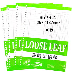 送料無料 ルーズリーフ 金銭出納帳 B5 26穴 25枚入り×4個セット （計100枚）協和紙工