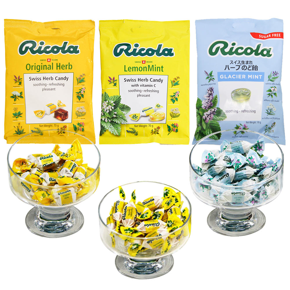 世界NO.1のシェアを誇るリコラのハーブキャンディー 送料込み リコラ ハーブ キャンディー 3種3袋セット  70g×3袋   オリジナル、レモンミント、グラッシャーミント  のど飴 合成香料着色不使用