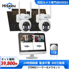 【24時間常時録画・電源不要・防犯対策助成金あり】Hiseeu ソーラー 防犯カメラセット 8000mAh (400万画素カメラ2台＋12イン液晶一体型NVR+1TB HDD内蔵)