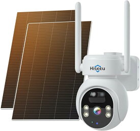 【24時間連続録画・防犯対策助成金あり】Hiseeu ソーラーカメラ 防犯カメラ 400万画素 配線工事不要 充電不要 完全無線 ソーラーパネル付き hiseeu製NVRに増設可能 2台セットモニター付き