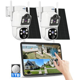 【デュアルレンズ・タッチスクリーン新登場】Hiseeu ソーラー防犯カメラセット （10.1インチ液晶モニタ一体型NVR＋400万画素カメラ2台＋1TBHDD内蔵） 9000mAh大容量バッテリー IP66防水 AI動体検知 遠隔監視対応 防犯対策助成金あり