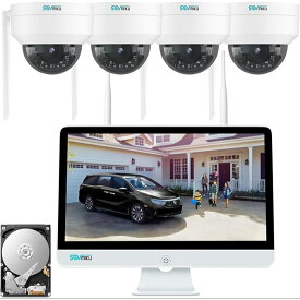 【500万画素・ドーム型4台セット】SOVMIKU 防犯カメラ 12インチモニター一体型 NVR 3TB HDD内蔵 / IP66防水 / AI人感センサー / 人感発光・発光威嚇 / 双方向音声 / 音声録画 / カメラ電源工事不要 / 夜間カラー対応