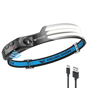 Smiling Shark �[�d�� LED �w�b�h���C�g, �v�V���EPSE??�E����1�Z�b�g USB�[�d�\ 3 �{���P�x�A�E�g�h�A�w�b�h�����v 230°�L�p�Ɩ� �W�� ���y�� IPX4 �h���h�o 8���ԘA���g�p�\ �L�����v �o�R �U