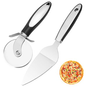TAOTOO ピザカッター ステンレス 2点セット 回転式 ピザナイフ 滑りにくい ケーキサーバー 指保護装置 パイサーバー ピザ切りカッター ピザ窯キット 家庭用 業務用 食洗機対応 使用簡単