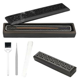 お香立て 横置き香炉 香炉 横置き 仏壇/茶道用品/香道用/料亭用 蓋つき 線香皿 難燃綿付き 瞑想 睡眠 ヨガ スパ ルーム装飾用 おしゃれ 和風 安全 香道用 (ブラック)