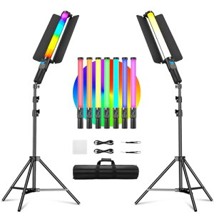 SOONPHO CL50 2パック LEDスティックライトとスタンドキット チューブライト ledスティックライト ハンドヘルド 照明 撮影用ライト 3000K~6500K フルカラー ライトスタンド+自由雲台+収納ケース付き