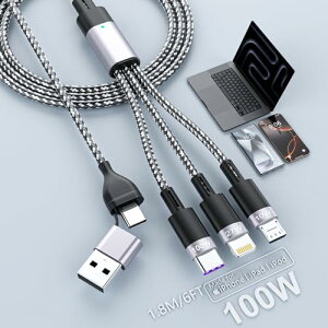 100W[dP[u 3in2 100W}[d 1.8m [dR[h ϋv Type C Lightning Micro USB 3䓯[d iPhone/MacBook Pro/iPad Pro/Surface Pro/Asus/Google Pixel/Galaxy^CvCΉ - ubN
