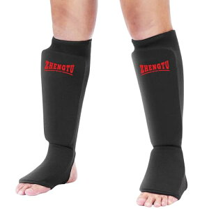 ZHENGTU レガース ボクシング 足サポーター キックボクシング レッグガード すね当て 3cm厚手インナー 衝撃吸収 格闘技 空手 防具 (M, Black)