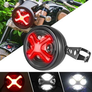 Motikvans led バイク ヘッドライト 5.75インチ60W X-タイプ 丸型 汎用ハウジング&ブラケット付き プロジェクター 6000K高輝度Hi/Lo切り替え 赤いDRL ハーレー ヤマハ ホンダ マグナ50 h4 モンキー ヘッ