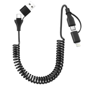 aceyoon 4 in 1 �[�d�P�[�u�� �R�C���^ Type C/USB-A/Lightning �ϊ� ������莮 �}���` USB C �[�d�R�[�h 0.9M�܂ŐL�k�\ �ő� 60W USB2.0 for Apple Carplay for Android Auto �ɑΉ�