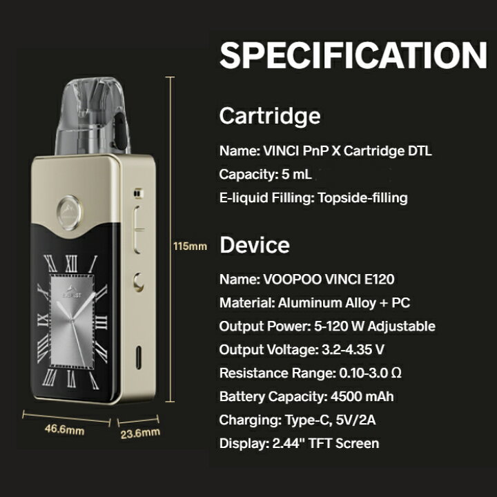 楽天市場】VOOPOO VINCI E120 Pod Mod Kit 4500mAh 120W 5ml PnP-X 