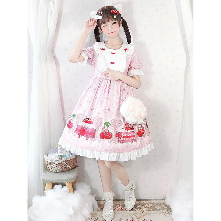 楽天市場】メルヘン ロリータ ワンピース スイーツ柄 半袖 ひざ上丈  