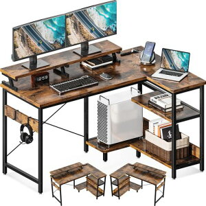 ODKl字デスクパソコンデスクL字型ゲーミングデスクデスク机幅120cmコンセント付きdeskPCデスクラック付き収納オフィスデスク省スペース書斎在宅勤務組立簡単ビンテージ