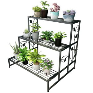 Floraliesプランタースタンド屋外アイアン鉄製フラワースタンド植物棚観葉植物ラックガーデンラックフラワーラック錆びない2段3段横型花台室内おしゃれ防サビ組立簡単(3段-80cm幅ブラック)