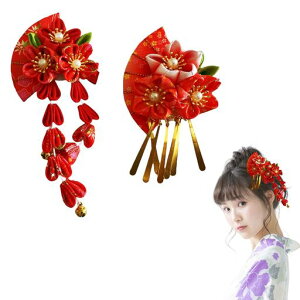 和装髪飾り扇型2点セットヘアクリップ花中華風漢服浴衣和装ヘアアクセサリーヘッドドレス子供髪飾り入学式卒業式七五三夏祭り花火大会(レッドA)
