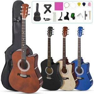 MoonRiverアコースティックギター38インチ初心者練習ギター17点セット初心者入門用持ち運び便利ギターストラップ、ソフトギターバッグ、マニュアル(日本語)付き学生大人通用(ブラウン)
