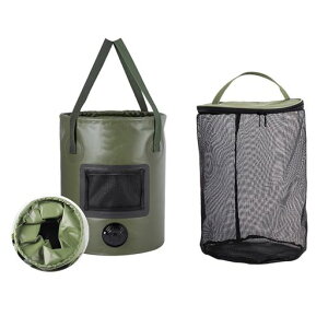 Yosekaバケツ折り畳み25L洗車バケツ折り畳み釣り活かし折りたたみバケツ洗車バケツキャンプ用品排水口釣りバケツアウトドア持ち運びメッシュバッグバケツポケット付き2個セットカーキ…