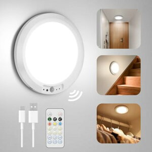 LEDセンサーライト室内人感センサーType-C充電式無級調光調色小型照明玄関フットライトシーリングライト12W2000lm5段階タイマーメモリ機能リモコン付き極薄一体型緊急対策階段/キッチン/タ…