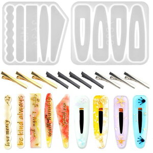 5WYOUKEヘアピンシリコンモールド2個セット6種類ヘアクリップレジンシリコンモールド長方形波紋三角形金具クリップ10個付きuvレジン型エポキシ樹脂ソフトモールドハンドメイドDIY樹脂工…