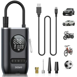 コードレスType-C充電式LEDライト大型LCD表示空気圧指定可5モード選択電動くうきいれバイク用空気入れ自転車空気入れ電動自動停止4種単位換算仏式米式バルブ対応エアコンプレッサー車自…