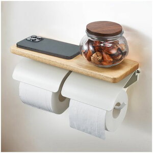 ヲンシウトイレットペーパーホルダー天然木棚付き片手で切れるおしゃれ2連シングルダブル2倍巻き3倍巻き紙巻器ホルダーカバースチール製アイアン賃貸対応トイレ収納(ナチュラルxホワ…