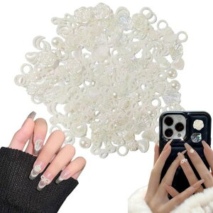 ネイルパーツ約200個セット3D立体星花ハートリボンネイルパーツパールクリアオーロラ蝶シェル大きめネイルアートデコパーツジュエリーパーツランダム形(ベージュ)