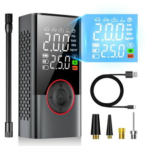 【多機能ポータブル空気入れ】電動空気入れ6000mAh大容量自動停止空気圧指定可能充電式コードレス小型軽量仏式/英式/米式バルブ対応最大圧力150PSISOS/LEDライト搭載USB-C急速充電