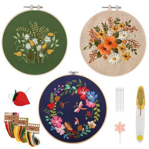 サムコス刺繍キットクロスステッチDIY手作りセット初心者向け3セット刺繍枠20cm付き刺繍糸刺繍針刺繍用布完全セット趣味手芸用品(マルチカラー花と葉)