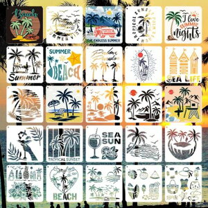 seimeinokiステンシルシート25枚セット25種類夏のテーマココナッツの木ビーチの柄手帳描画テンプレートイラストステンシルプレート製図用テンプレート絵描き道具水洗い可繰り返し使用可1…