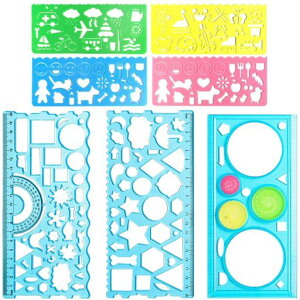 テンプレートデザイン定規製図用7点セットお絵描き描画ルーラー半円分度器幾何学模様お絵描き定規図面装飾おもしろ文房具鉛筆なぞって描くクラフト描画定規幾何学多機能子供絵画計…