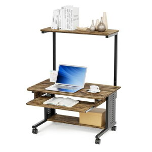 DEWELローデスクパソコンデスク幅80x奥行50cmロータイプ360°回転キャスター付収納棚&キーボードスライダーテレワーク/学習用省スペース耐荷重45kg組立簡単移動便利おしゃれ(木目調)