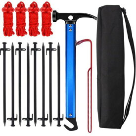 テントハンマーペグハンマーセット軽量アルミ製ヘッド高炭素鋼ペグ抜き機能付き鍛造ペグ30cmx8本反射材入りロープ4本地面作業用アウトドア登山防災収納袋付き