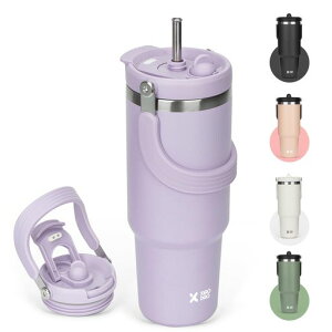 SKIASEタンブラーストロー付き900ml水筒大容量ウォーターボトル真空断熱保温保冷ステンレスボトル広口直飲み蓋付きアウトドア取っ手付き持ち運びこぼれないパープル