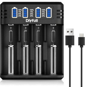 Dlyfull �}���[�d�r�[�d�� 18650���`�E���C�I���d�r �P4�P3 �j�b�P�����f/26650/14500/10430/18650���`�E���C�I���d�r�ɑΉ� 4�{�����[�d Type-C���� 5V/2A �P4�` �P3�`�[�d�r �~�j�l��