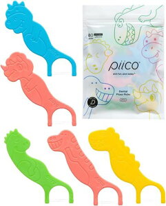 Piico(ピコ)無香料キッズフロス-フッ化物なしデュアルラインデンタルフロスピック-カラフルなフロススティックデザインで楽しいオーラルケア-虫歯&歯周病を防ぐキッズフロス-80個の恐竜…