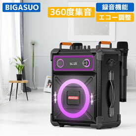 カラオケセットマイク スピーカー 拡声器 Bluetooth5.3 高/中/低音調整可能 6000mAh大容量バッテリー内蔵 UHFマイク2本/リモコン付き リバーブ調整可能 録音機能 LEDモードTWS機能TF/USB/AUXに対応KA219