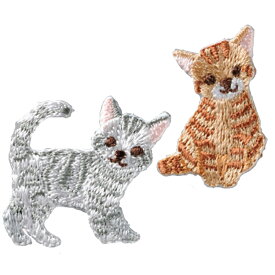 2WAY 刺繍ワッペン （シルバーの猫とブラウンの猫のペア）3セット アメリカンショートヘア 手作り ハンドメイド ワンポイント アイロン接着 シール接着 ねこ