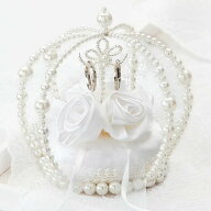 ビーズのクラウンとローズのリングピロー 完成品 ホワイト プリンセスウェディング 結婚式 結婚祝い AR