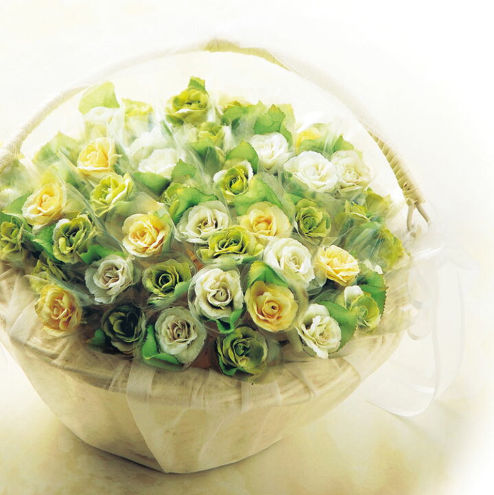楽天市場 バスケット付き クラシックグリーン ローズ50本セット ドラジェ2粒入りプチギフト 結婚式 薔薇 記念品 ミニミニ花束 フラワーバスケット ディスプレイ アーティフィシャルフラワー 黄色 緑色 Hitomiの幸せデリバリー
