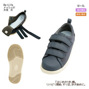 Re-Life(アールイーライフ)メッシュ01 7502 3E 片足 ネイビー リハビリシューズ 男女兼用 屋外&室内用 すり足