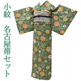 【中古】 小紋 リサイクル着物 名古屋帯 セット 正絹 仕立て上がり 帯締め 帯揚げ付き 袷 コーディネート 裄64.5cm 身丈151.5cm S 緑系 花唐草文様 特品★★★★ [ 和服 着付け教室 お茶 女性 カジュアル 初詣 アウトレット きもの kimono 着物ひととき] rr1802b