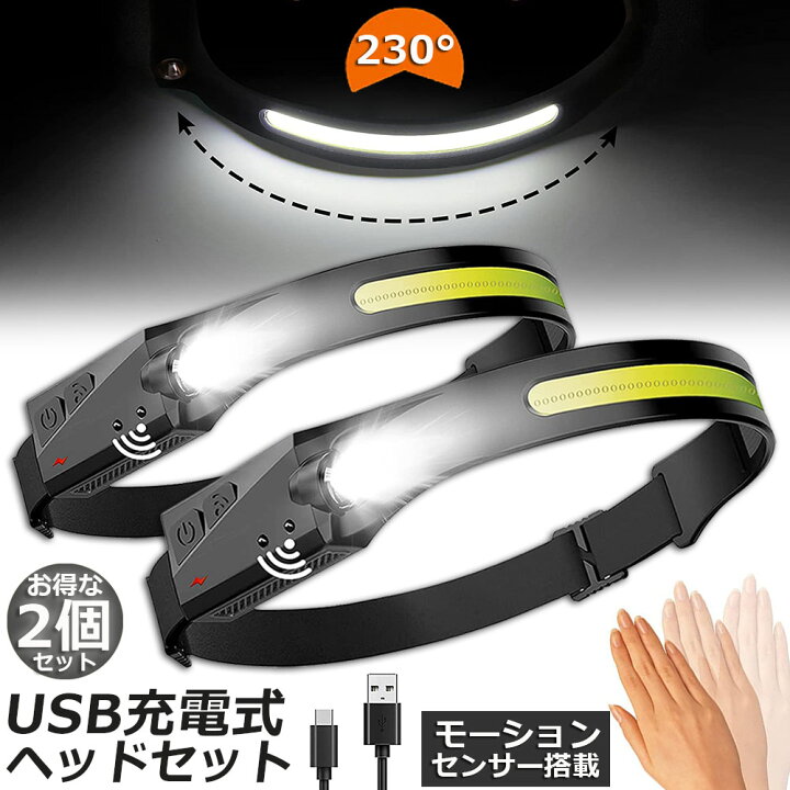 楽天市場】ヘッドライト 2個セット 充電式 USB LEDデュアル光源 ヘッド 