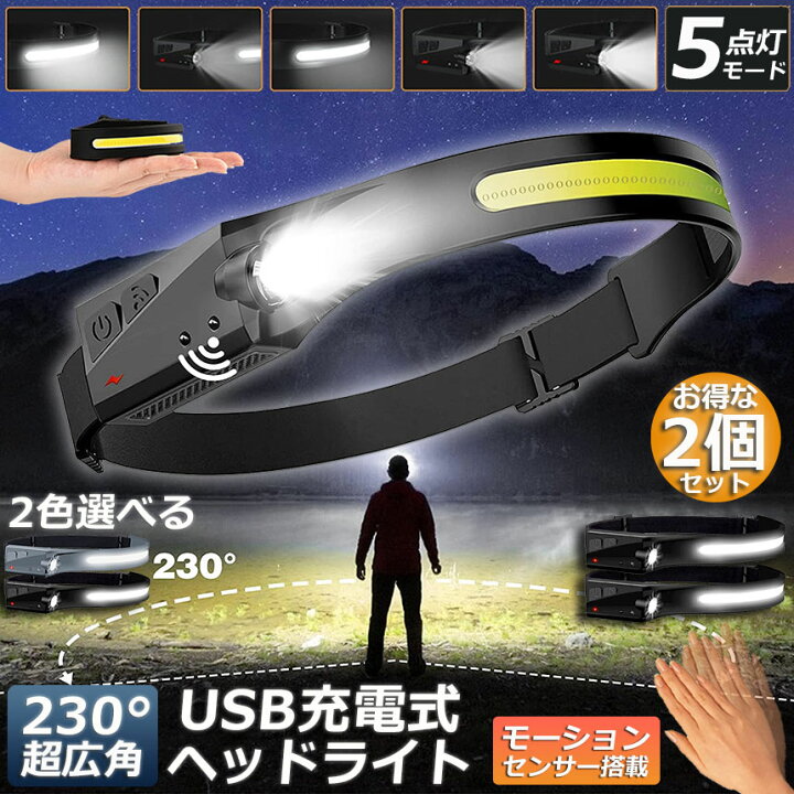 楽天市場】ヘッドライト 2個セット 充電式 USB LEDデュアル光源 