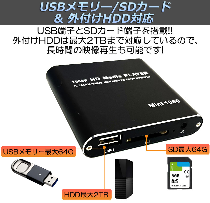 格安新品メディアプレーヤー デジタル 極小型 USB 1080p 出力 HDD 大画面テレビや液晶モニターなどで簡単動画再生 HDMI 映像  日本語取扱説明書付属 マルチメディアプレーヤー フルHD 再生機器 対応 デジタル SDカード 録画・録音用メディア 