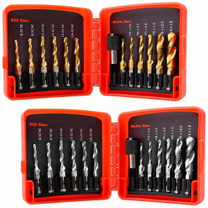 ドリルビット タップドリルビット 2個セット 六角軸 6.35mm ネジ切り 3in1 13点セット 面取りタップ 穴あけ タップセット タッピング カウンターシンク HSS高速度鋼 スパイラル ドリルタップ 木