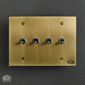 真鍮色トグルスイッチ I（4口長方形型）ゴールド 3路式（片切対応）鉄製 アイアン ブラス調 スイッチプレート 照明器具 リビング 玄関 トイレ おしゃれ かっこいい インダストリアル レトロフューチャー 日本製 国産 メーカー直販