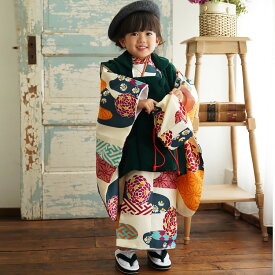 【レンタル】 七五三 セット 3歳 ひよこ商店 七五三セット 88cm-105cm前後 着物 被布セット アイボリー 花柄 子供 緑 ベレー帽 被布コート おしゃれ 三歳 三才 3才