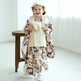 【レンタル】 【利用可能期間 2025/11/30以降】 七五三 3歳 着物 セット 被布セット ひよこ商店 レトロモダン 88cm-105cm前後 オフ白 花 ホワイト レース ちりめん えんじの花雪輪 三歳 女の子 足袋 ベレー帽 祝着 三つ身 巾着 着物 被布 往復送料無料