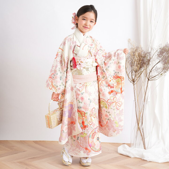 七五三7歳七歳フルセット祝着ピンク着物子供用袋帯銀緑は