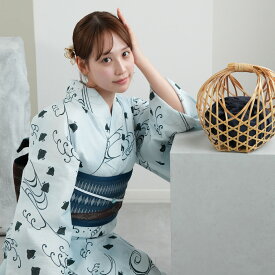 【utatane 高級変わり織 浴衣3点セット 淡い水色ぼかしに碧色の千鳥】ここでしか買えない昭和初期アンティーク復刻版 フリーサイズ 浴衣セット（ゆかた・帯・下駄）ですぐお出かけ 上質 うたたね 国産生地 国内染色